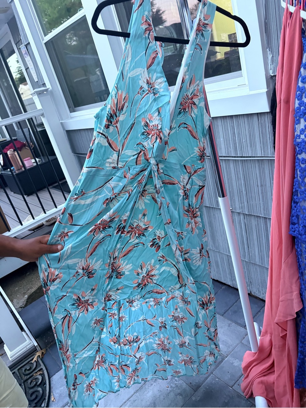 Lulu's Aqua Floral Maxi Dress with Coral Accents